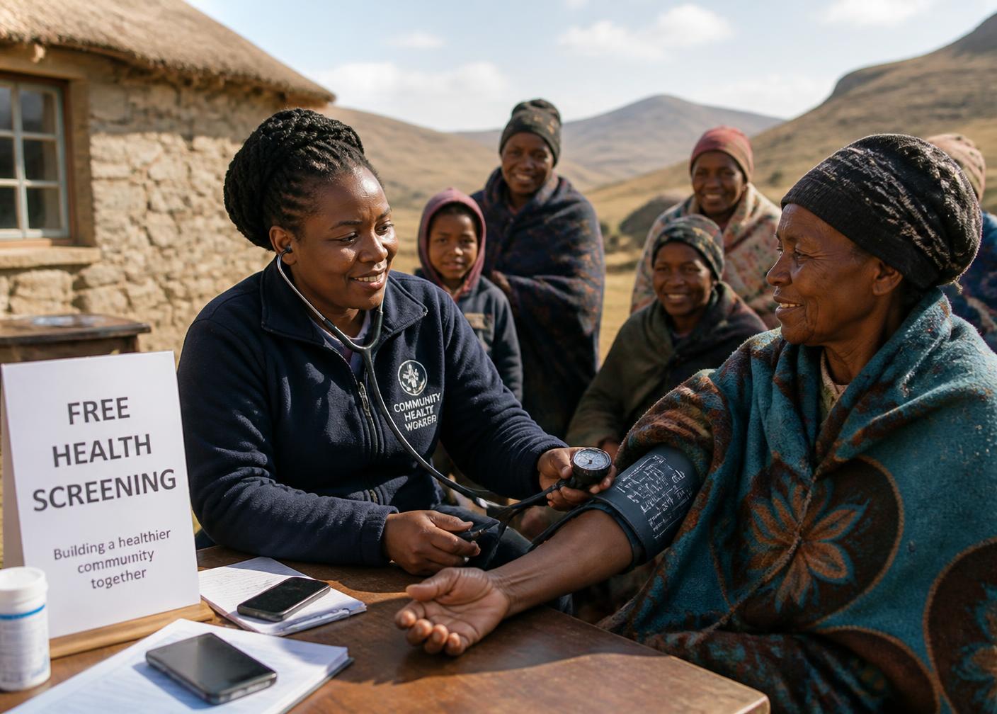 Community health worker conducting a free health screening in rural Lesotho